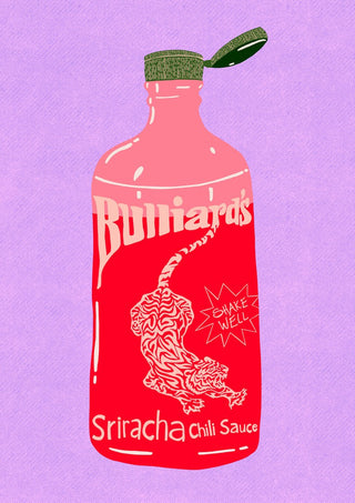 Sriracha chili sauce by Astrid Lind - a red chili sauce bottle against a flat lilac ground