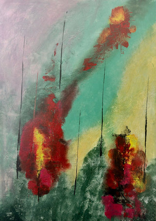 Smoke and Ember by Miguel Lemos - red and orange bursts breaking through a grey-green abstract field