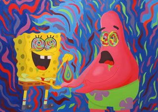 Squeezed drop theory by Luigi Monti - SpongeBob squeezing a green drop into a pink starfish over waving stripes