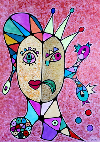 Two Faces and a Crown by Steffi Seiler - a crowned head split into two halves on speckled pink
