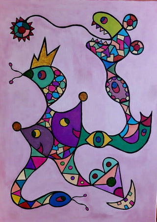 Crowned Creatures by Steffi Seiler - a crowned bird facing a green creature on a lilac ground
