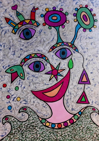 Eyes and Flowers by Steffi Seiler - a face with several eyes under two flower discs on grey-blue