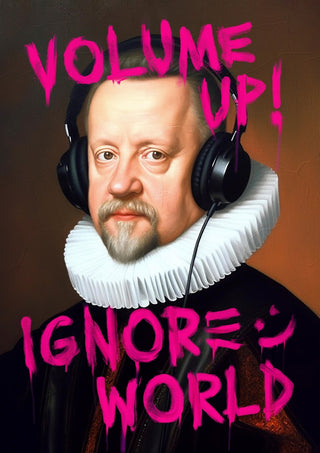 Volume Up by Dikhotomy - a ruffed Renaissance portrait in headphones under pink graffiti