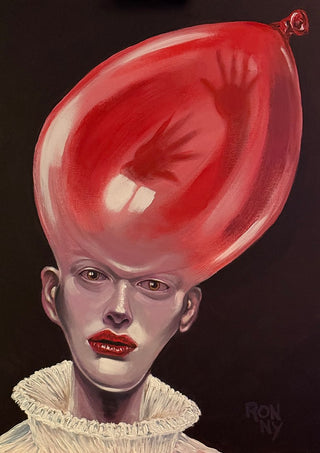 Thin Air by Ronny Simon - a pale ruffed figure with an enormous red balloon for a head