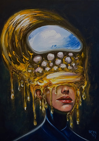Between Worlds by Ronny Simon - a woman under a dripping gold headdress opening onto blue sky