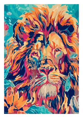 The Geometric King by Bibi - a lion's head built from flat orange and magenta facets on teal