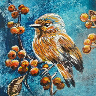 Bird on the autumn tree by Svetla Stoyanova Bassi - a small bird on a branch of gold berries against turquoise