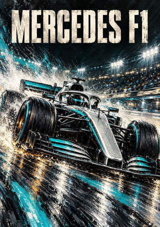 Mercedes F1 by Danii Steinfeldt - a silver and teal Mercedes Formula 1 car in a wet corner