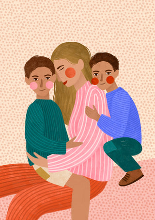 Joyful Family Hug by Bea Müller – mother embracing her two young sons on a dotted cream background