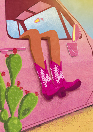 Illustration of a woman’s legs in pink cowboy boots hanging out a car window, cactus beside the car.