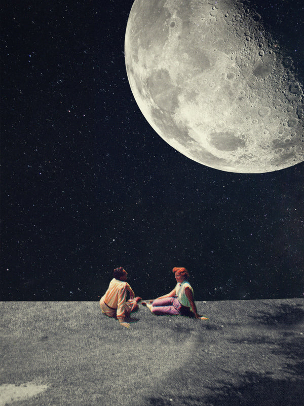 Two people sit together under a large, bright moon in a starry night sky—art by Frank Moth.
