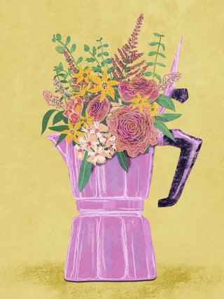 Illustration of a lilac espresso maker filled with colorful flowers, on a light yellow background.