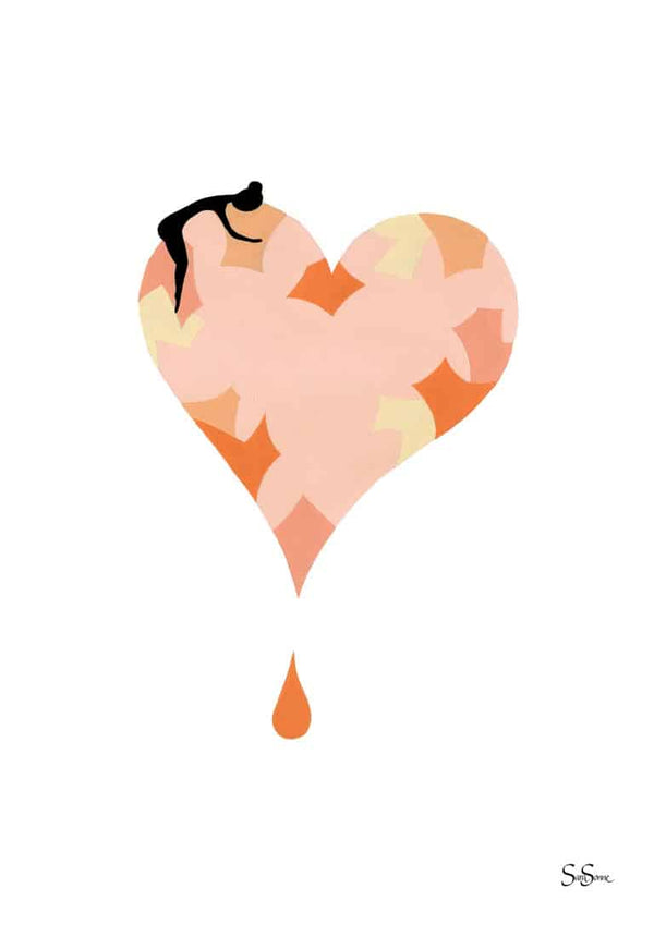 Abstract heart with floral pattern, a woman resting on top, and a single teardrop below. Sara Sonne – Stay.