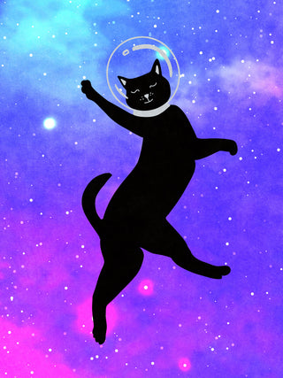 Illustration of a black cat in a space helmet floating against a starry purple and blue galaxy background.