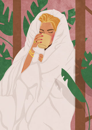 Illustration of a woman wrapped in a white blanket, sipping from a cup, surrounded by large green leaves.