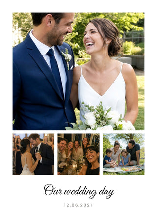 The Big Moment personalised poster – one large wedding photo with three smaller photos below, headline and date, on white