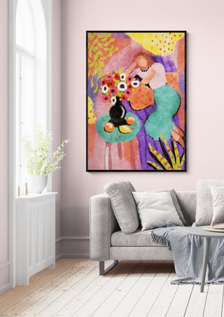 Colorful artwork "Home sweet home" by Raissa Oltmanns displayed above a sofa in a modern living room.