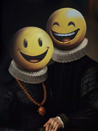 Two figures in historic attire with large smiling emoji faces, representing The Smilers - Dikhotomy album cover.