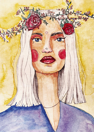 Watercolor portrait of a woman with white hair, red cheeks, and a flower wreath, by Raissa Oltmanns.