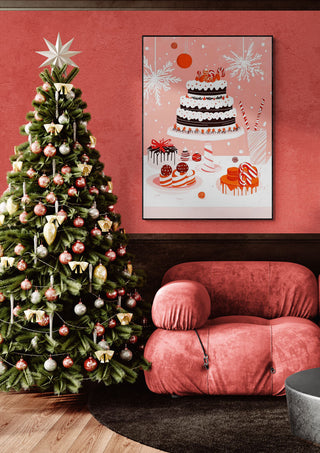 Christmas tree and festive decor beside a pink chair, with Cake my Day Christmas Edition poster on the wall.