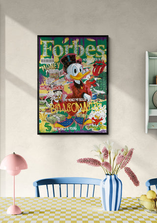 Colorful Forbes - Ricardo Noble artwork featuring Scrooge McDuck on a dining room wall above a table with flowers.
