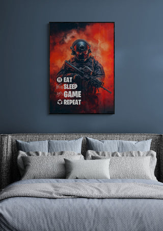 Game Repeat Plakat featuring a gamer in tactical gear with the text "Eat Sleep Game Repeat" above a bed.