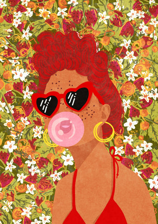 Illustration of a woman in red sunglasses blowing bubble gum, with flowers in the background; by Raissa Oltmanns.