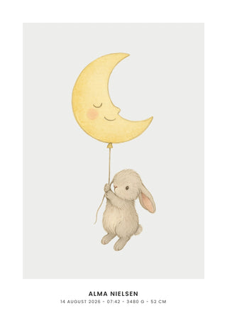 Flying Bunny personalised baby poster – watercolour bunny with a moon balloon on grey, name and birth details