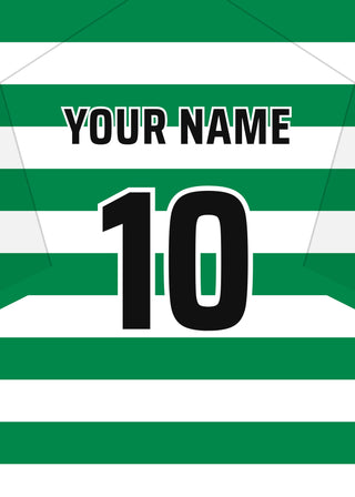 Personalised football shirt poster in Celtic's green and white hoops – a name and number on the back