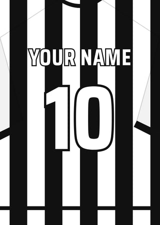 Personalised football shirt poster in Newcastle's black and white stripes – a name and number on the back