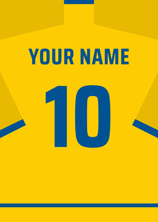 Personalised football shirt poster in Swedish yellow with blue lettering – a name and number on the back