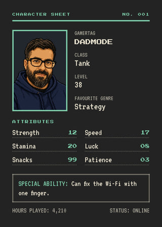 Gamer Character Sheet personalised poster – a retro pixel-art avatar drawn from a photo on an RPG character sheet with gamertag, class, level and stats (charcoal)