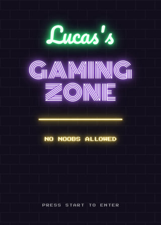 Gaming Zone personalised neon sign poster – the gamer's name and GAMING ZONE in glowing neon on a dark brick wall (Green & Purple)