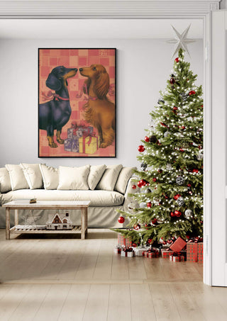 Festive living room with a Christmas tree, gifts, and dog artwork, perfect for Dogs of Christmas celebrations.