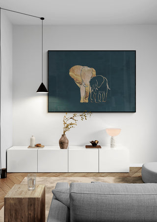 Gold Elephant mum baby by Sarah Manovski wall art featuring an adult and baby elephant on a dark background in a modern living room.