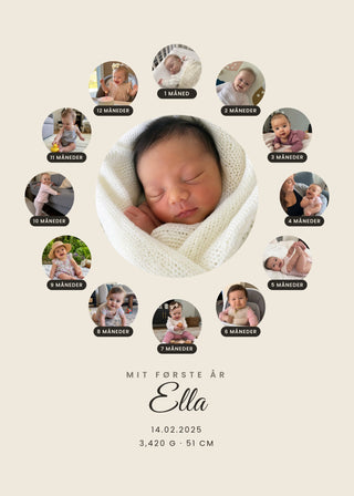 My First Year personalised poster – a large birth photo surrounded by twelve monthly baby photos with Danish month text, on beige