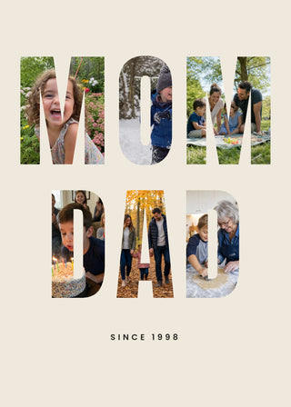 Name Collage personalised poster – MOM and DAD on two lines with photos inside every letter, on beige