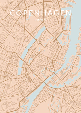 Pastel city map poster of Copenhagen in peach with golden roads