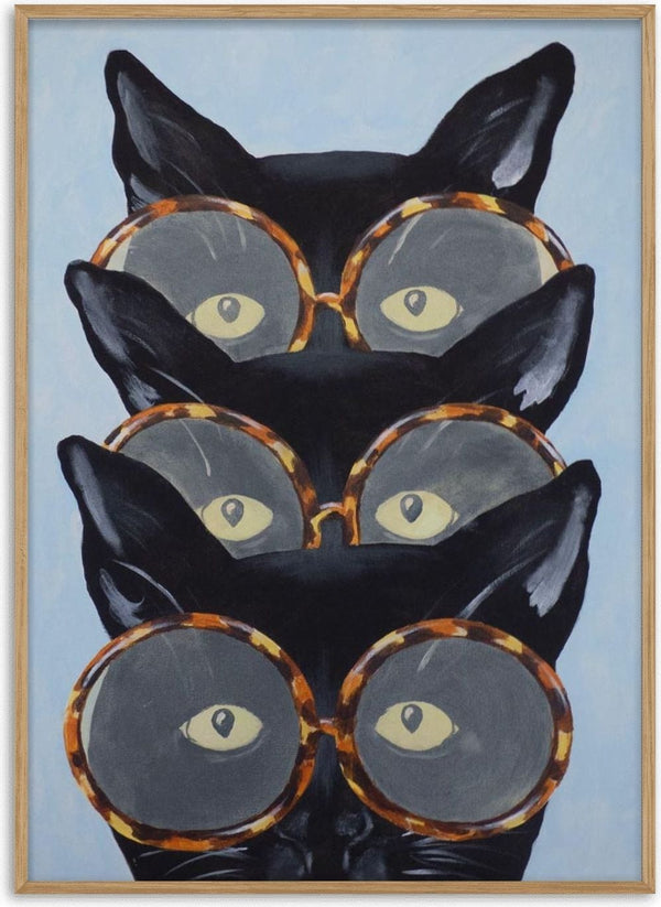 Whimsical illustration of three black cats stacked, each wearing large round tortoiseshell glasses.