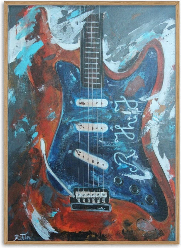 Sunburst Guitar by Ritta Henriques Jorge - an orange sunburst electric guitar with SRV lettering on a blue pickguard