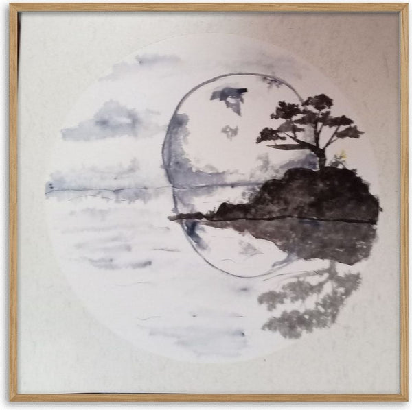 Island in Mist by Tracey - a tree on a rocky island in grey ink wash inside a drawn circle
