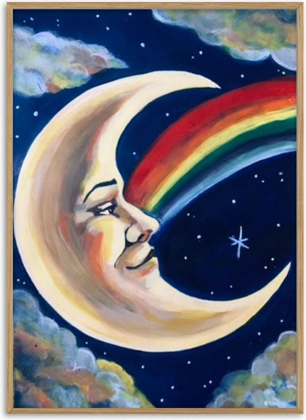 Moon and Rainbow by Art By Biba - a cream crescent moon with a human face and a rainbow on a starry navy sky