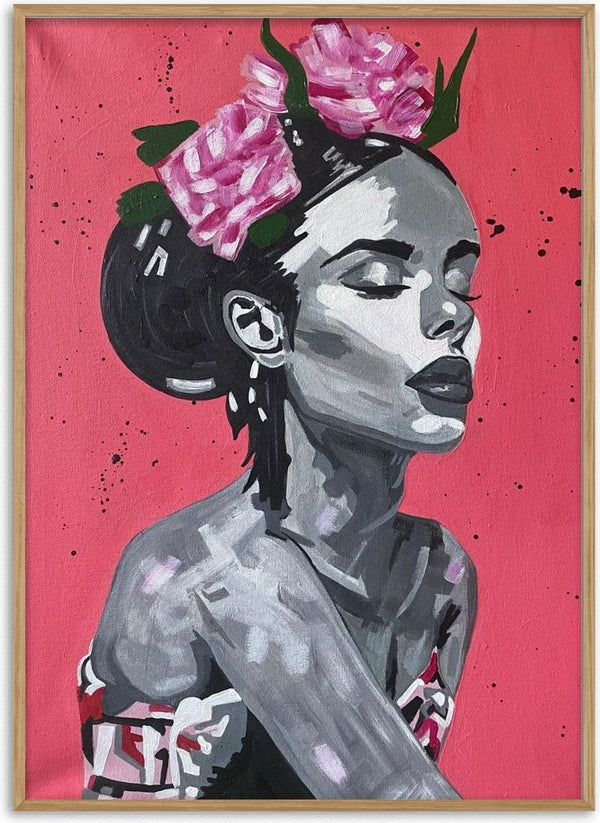 Peony Crown by Art By Biba - a grey portrait crowned with pink peonies against flat coral red