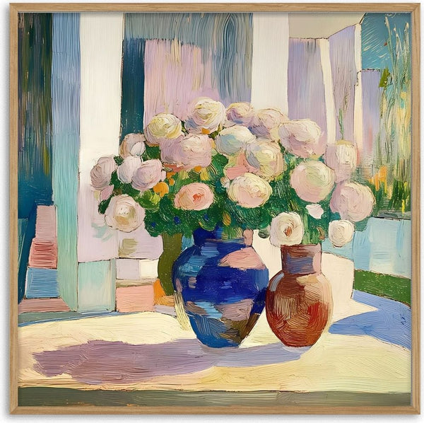 Roses in Two Vases by Elena Avanesova - pale pink roses in a cobalt vase and a rust-brown jug on a sunlit table