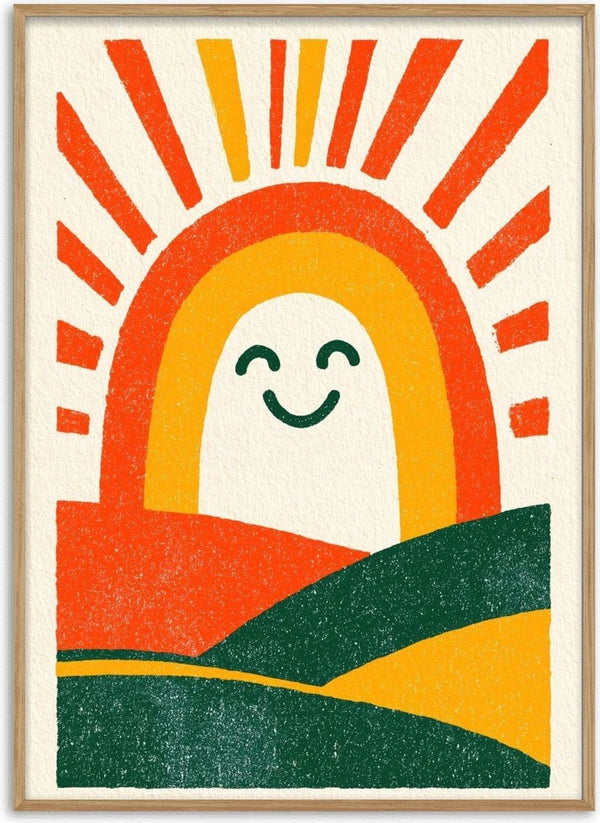 Sunrise Arch by Decker Studios - smiling white sun in an orange and yellow arch above red, green and yellow hills