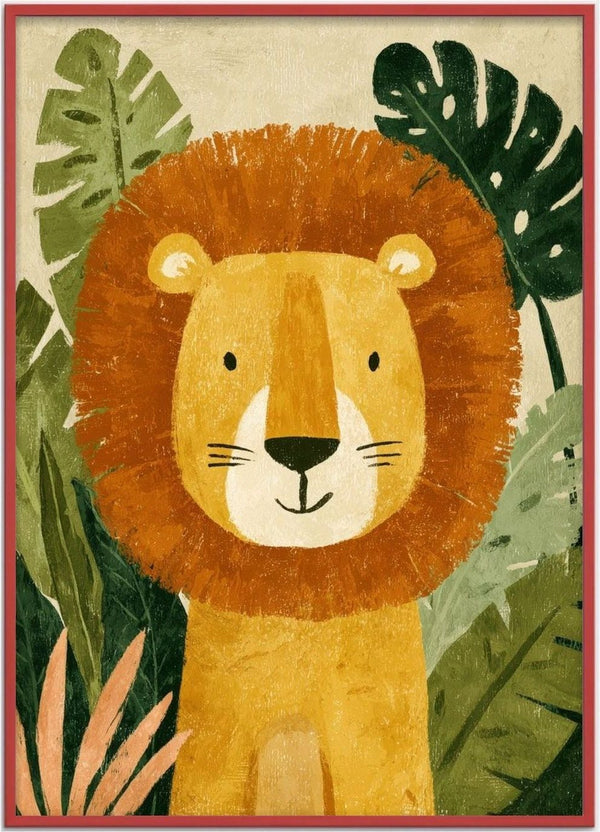 Jungle Lion by Decker Studios - lion with a rust orange mane among dark green jungle leaves on a cream background