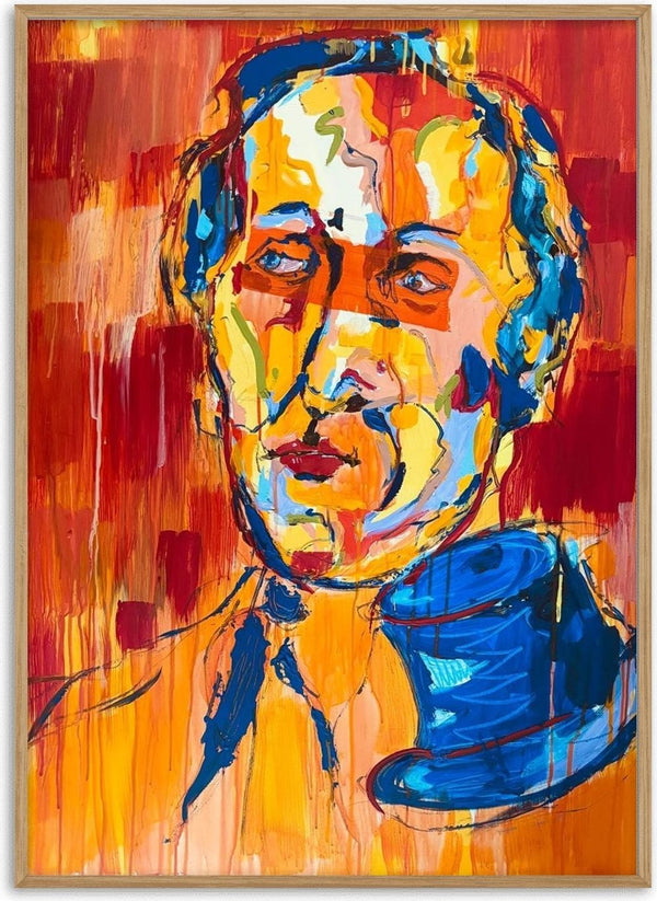 Man in a Blue Hat by René J - head in yellow and blue strokes with a blue hat on the shoulder against red and orange bands
