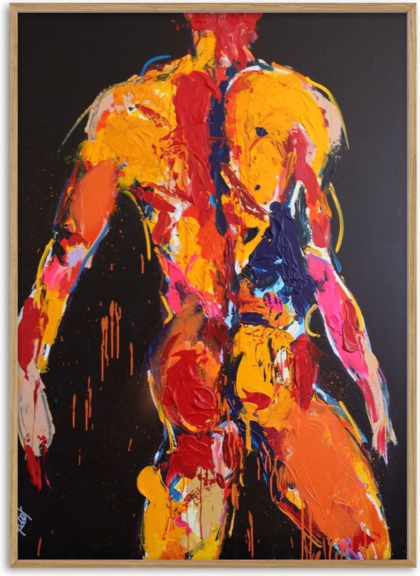Back in Yellow by René J - a standing figure seen from behind in thick yellow and red on black