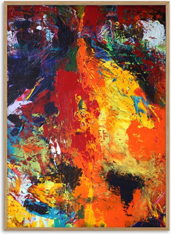 Red Abstract by René J - thick knife-laid red, orange and yellow with deep blue in one corner