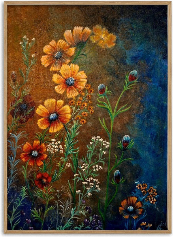 Cosmos in Ochre by Svetla Stoyanova Bassi - orange cosmos and white umbels against ochre and deep blue